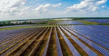 A field with rows of solar panels in the middle.